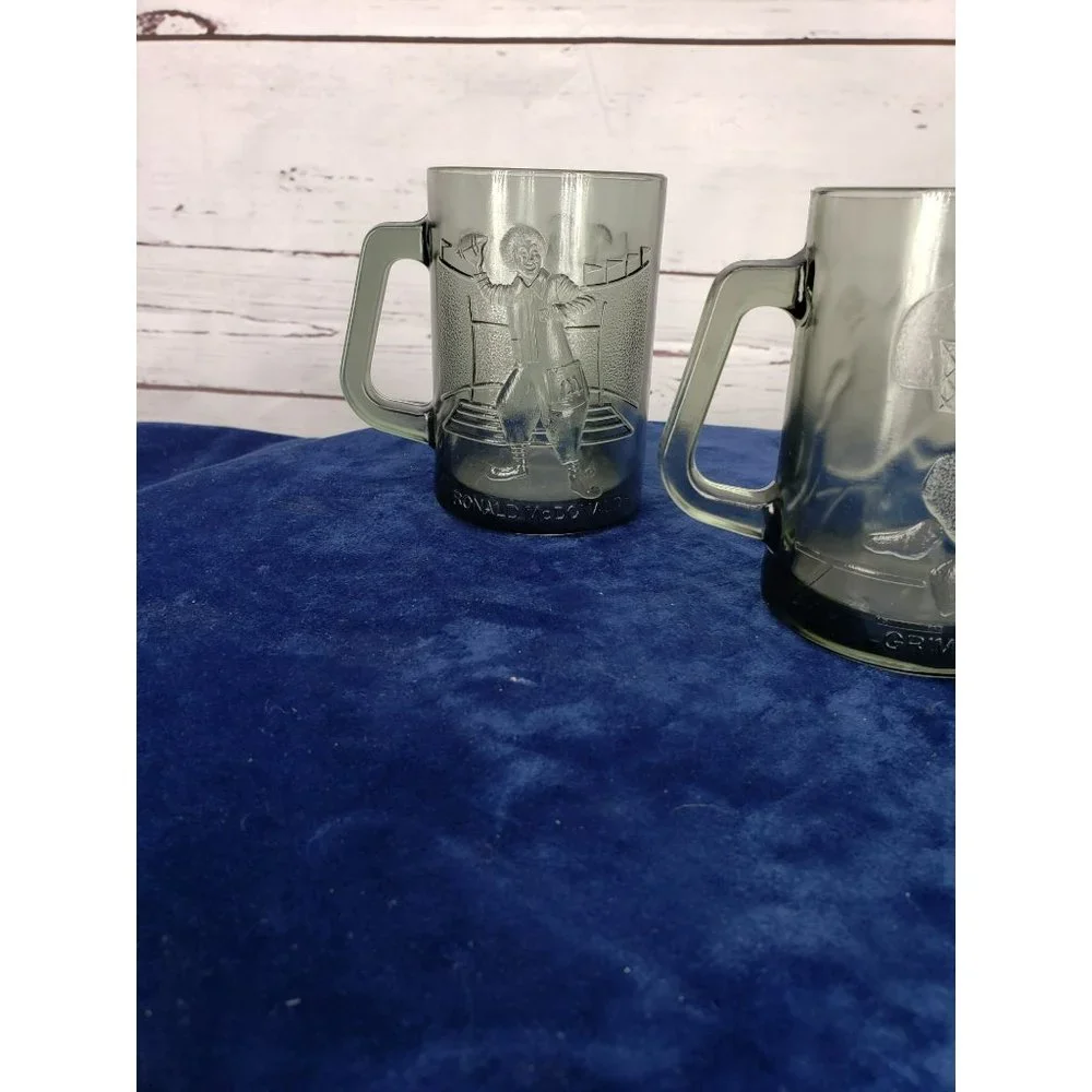 McDonald's Vintage 1970's Gray‎ Smoke Glass Mug Cup Basketball Grimace Ronald